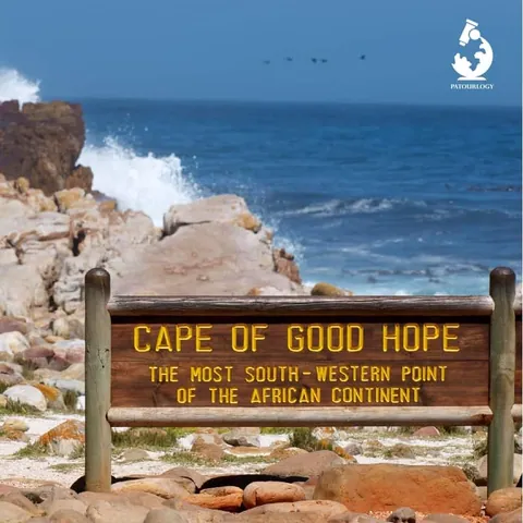 ป้ายไม้สีน้ำตาลมีตัวอักษรสีเหลืองเขียนว่า CAPE OF GOOD HOPE ตั้งอยู่หน้าโขดหินและทะเลสีน้ำเงินที่มีคลื่นสีขาว
