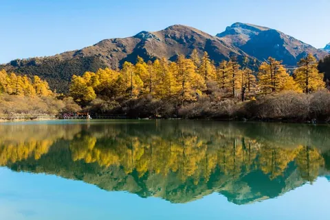 ภาพทิวทัศน์ของทะเลสาบสีฟ้าที่สะท้อนเงาของภูเขาและต้นไม้ใบเหลืองทองอย่างชัดเจนภายใต้ท้องฟ้าสีฟ้าใส