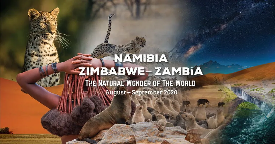 ภาพรวมของสัตว์ป่าและทิวทัศน์ธรรมชาติ พร้อมข้อความ 'NAMIBIA ZIMBABWE - ZAMBIA' และ 'August - September 2020'