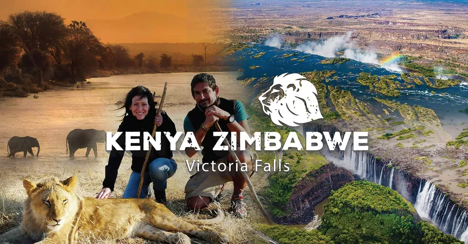 ภาพตัดต่อแสดงสิงโต ช้าง คู่เดินทาง และน้ำตก พร้อมข้อความ KENYA ZIMBABWE และ Victoria Falls