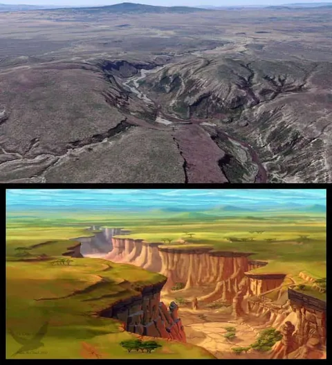 ภาพประกอบสองส่วนแสดงภูมิทัศน์หุบเขาและทุ่งหญ้ากว้าง พร้อมชื่อ Hell Gate National Park