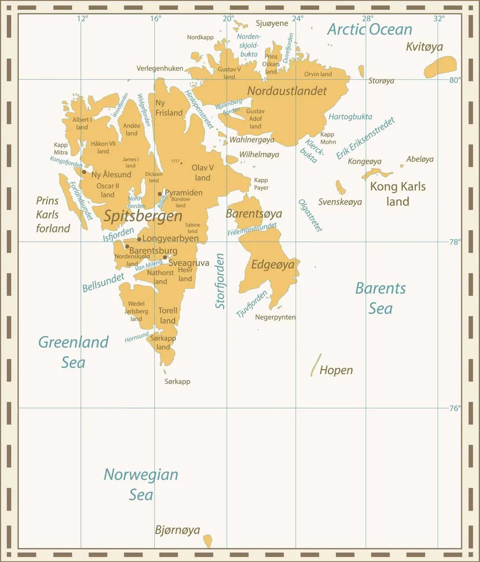 แผนที่แสดงหมู่เกาะสฟาร์บาร์ (Svalbard Archipelago) พร้อมชื่อเกาะและทะเลโดยรอบ เช่น Spitsbergen, Barents Sea และ Arctic Ocean