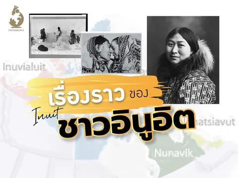 ภาพตัดต่อขาวดำสามภาพของผู้คนในชุดกันหนาว พร้อมข้อความ เรื่องราวของชาวอินูอิต บนพื้นสีอ่อน