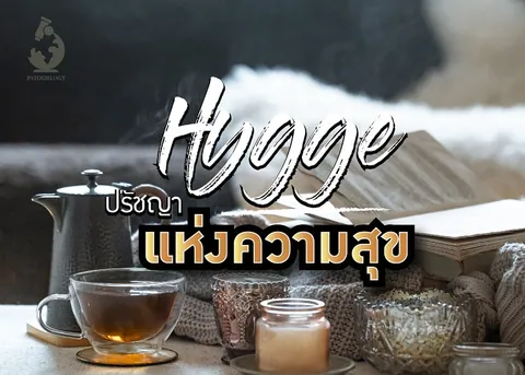 ภาพชามะเขือเทศในแก้วใสพร้อมกาน้ำโลหะ วางบนโต๊ะใกล้เทียนไขและหนังสือ โดยมีข้อความ 'Hygge' และ 'ปรัชญาแห่งความสุข' ปรากฏเด่นชัด