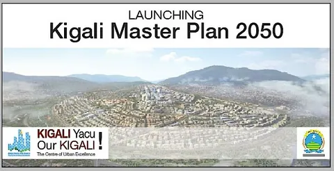 ภาพกราฟิกแสดงแผนผังเมือง Kigali Master Plan 2050 พร้อมโลโก้ KIGALI Yacu! Our KIGALI! และตราสัญลักษณ์ทางการ