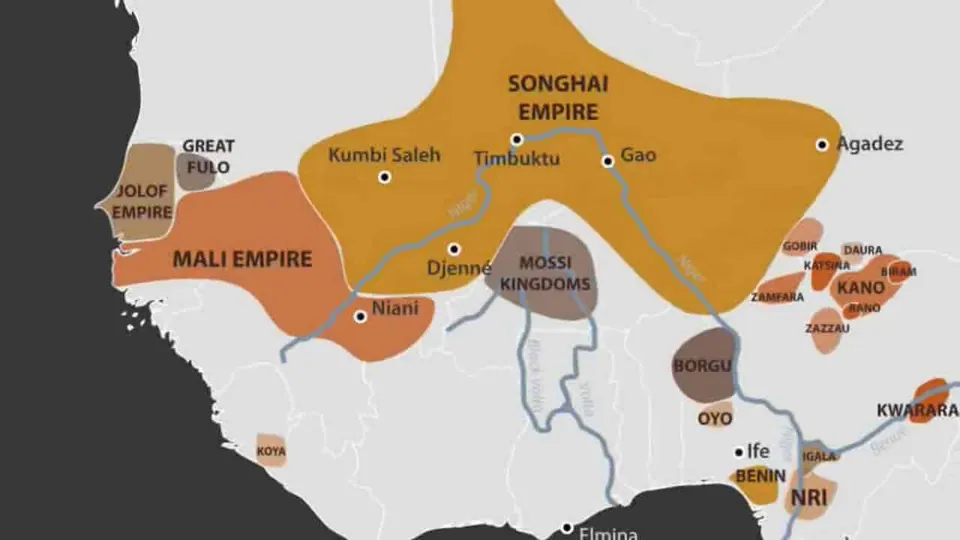แผนที่แสดงอาณาเขตของอาณาจักรต่าง ๆ ในแอฟริกาตะวันตก เช่น Songhai Empire, Mali Empire และ Mossi Kingdoms พร้อมชื่อเมืองสำคัญ