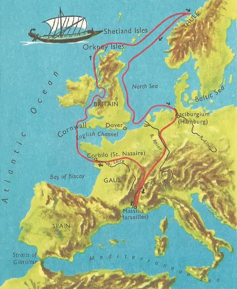 แผนที่เส้นทางเดินเรือสีแดงจาก Massilia ผ่าน Gaul, BRITAIN และ Shetland Isles สู่ THULE พร้อมภาพเรือใบ