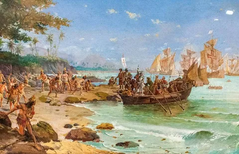 ภาพวาดสีน้ำมันแสดงเรือใบหลายลำจอดอยู่ริมฝั่งทะเลที่มีผู้คนยืนอยู่บนเรือและบนชายหาด