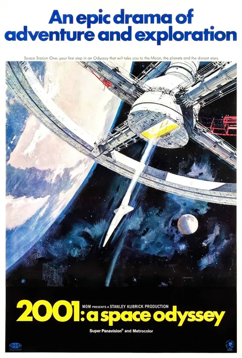 ภาพโปสเตอร์ภาพยนตร์ 2001: A Space Odyssey แสดงสถานีอวกาศวงแหวนและยานอวกาศกำลังปล่อยแสงสีเหลืองในอวกาศ