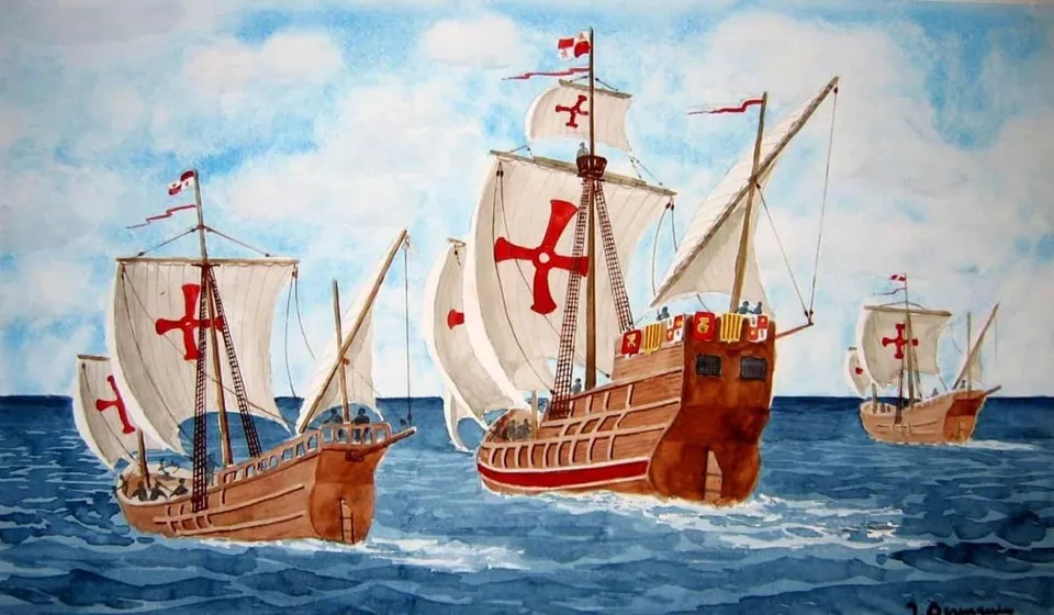 ภาพวาดสีน้ำเรือใบไม้สามลำแล่นอยู่บนทะเล มีธงและใบเรือสีขาวประดับด้วยกากบาทสีแดง