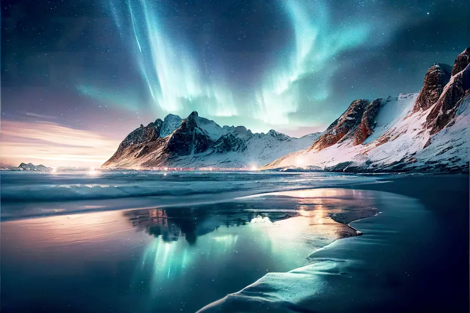 ทิวทัศน์ภูเขาหิมะสะท้อนบนผิวน้ำในเวลากลางคืน โดยมีแสงสีเขียวอมฟ้าปรากฏเป็นริ้วบนท้องฟ้า