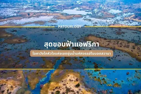 ภาพถ่ายมุมสูงจากอากาศแสดงผืนน้ำสีฟ้าอมเขียวสลับกับพื้นดินสีน้ำตาล มีข้อความภาษาไทย "สุดขอบฟ้าแอฟริกา" และ "PATOURLOGY" อยู่ตรงกลางภาพ