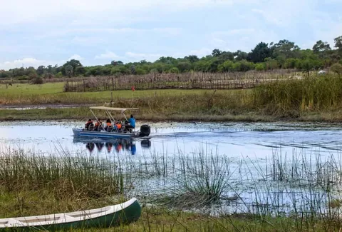 เรือหางยาวสีขาวพร้อมหลังคาสีครีมแล่นอยู่บนผิวน้ำที่มีต้นกกขึ้นอยู่ โดยบรรทุกผู้โดยสารหลายคนที่สวมเสื้อชูชีพสีส้ม และมีเรือไม้สีเขียวจอดอยู่บนฝั่งหญ้าด้านหน้า