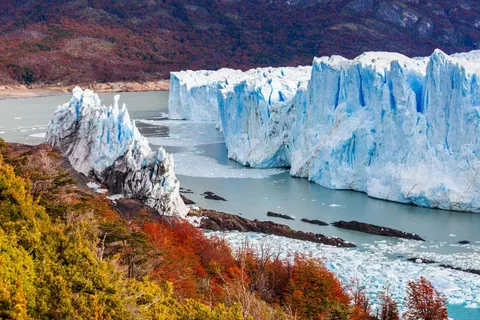 ภาพทิวทัศน์ของหน้าผาหิมะสีขาวอมฟ้าขนาดใหญ่ตั้งอยู่ริมผิวน้ำสีเทา มีก้อนน้ำแข็งลอยอยู่ และแนวต้นไม้ใบเปลี่ยนเป็นสีแดงและเหลืองอยู่ด้านหน้า