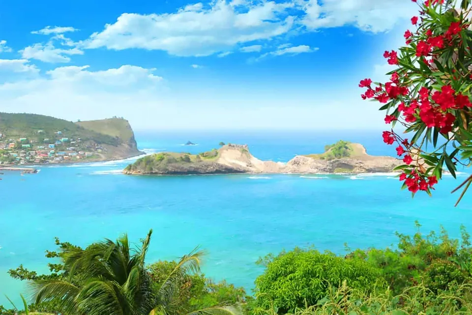 ทิวทัศน์ชายฝั่งทะเลสีฟ้าคราม มีเกาะหินกลางน้ำ หมู่บ้านบนเนินเขา และกิ่งไม้ดอกสีแดงสดด้านหน้า