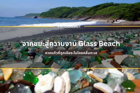 ภาพชายหาดที่เต็มไปด้วยเศษแก้วสีใสและสีเขียวกระจายอยู่ทั่วพื้นทราย มีแนวคลื่นทะเลและเนินเขาปกคลุมด้วยต้นไม้สีเขียวอยู่เบื้องหลัง