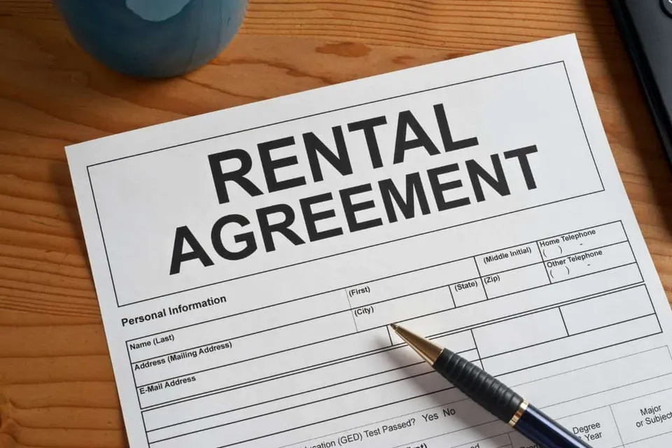 เอกสารสัญญาเช่า (RENTAL AGREEMENT) วางอยู่บนโต๊ะไม้พร้อมปากกาหมึกซึมสีดำวางทับช่องกรอกข้อมูล