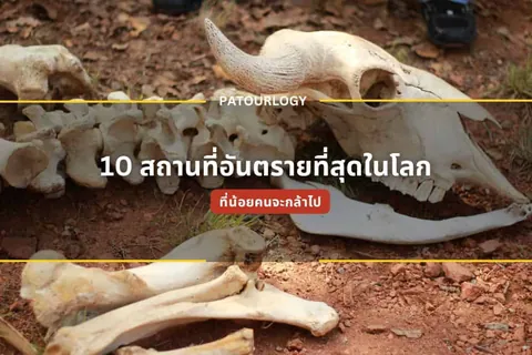 โครงกระดูกสัตว์ที่มีเขาโค้งวางอยู่บนพื้นดินสีแดง มีข้อความภาษาไทย '10 สถานที่อันตรายที่สุดในโลก' และ 'ที่น้อยคนจะกล้าไป' ปรากฏบนภาพ