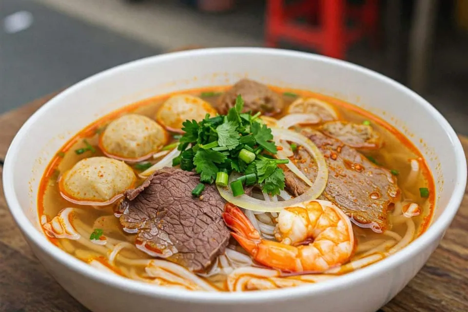ชามสีขาวใส่ซุปสีส้ม มีเส้นก๋วยเตี๋ยว เนื้อสัตว์ ไข่ต้ม กุ้ง หอมแดง และผักชีวางอยู่ด้านบน