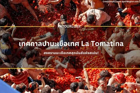 ผู้คนจำนวนมากอยู่ท่ามกลางกองมะเขือเทศสีแดงที่กระจายเต็มพื้นที่ มีข้อความภาษาไทยและคำว่า PATOURLOGY ปรากฏอยู่กลางภาพ