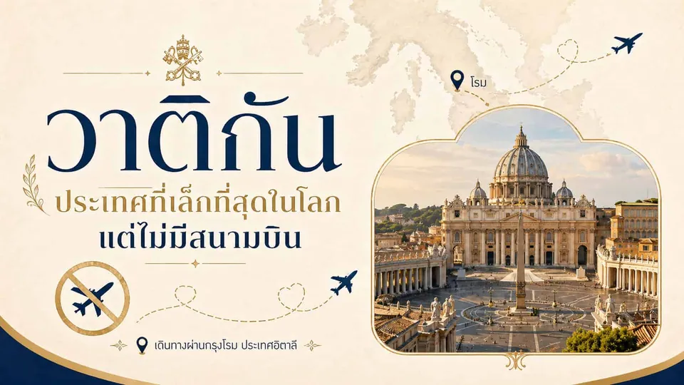 ภาพกราฟิกแสดงข้อความภาษาไทยว่า "วาติกัน ประเทศที่เล็กที่สุดในโลก แต่ไม่มีสนามบิน" พร้อมรูปถ่ายของมหาวิหารและจัตุรัสที่มีเสาหินตั้งอยู่กลาง