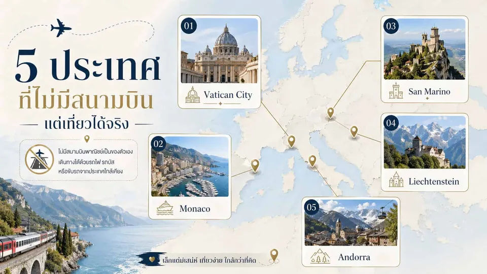 ภาพแผนที่ยุโรปแสดงตำแหน่ง 5 ประเทศ ได้แก่ Vatican City, Monaco, San Marino, Liechtenstein และ Andorra พร้อมภาพถ่ายสถานที่สำคัญของแต่ละประเทศ