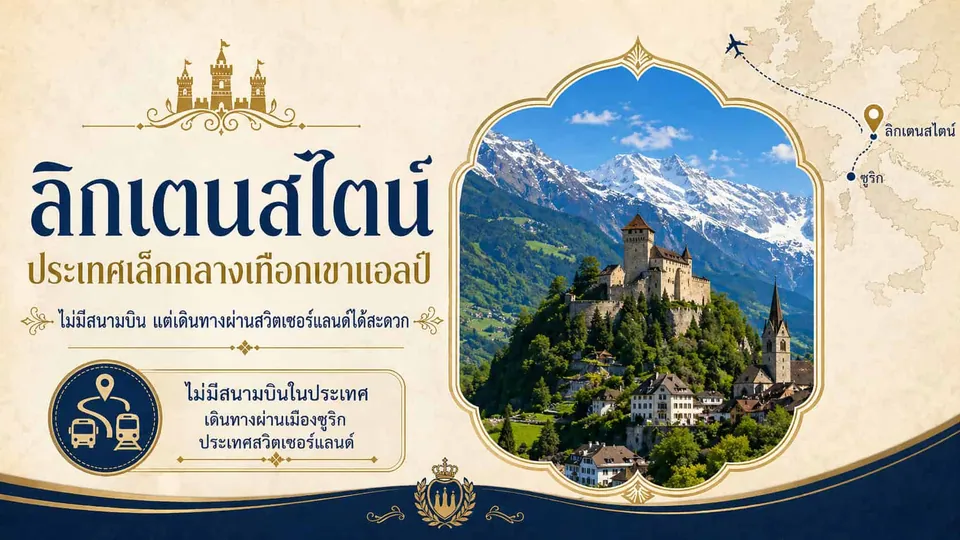 ภาพกราฟิกท่องเที่ยวแสดงภาพปราสาทบนเนินเขาและยอดเขาหิมะในกรอบรูป พร้อมข้อความภาษาไทย 'ลิกเตนสไตน์' และแผนที่เส้นทาง