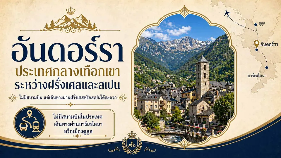 ภาพกราฟิกข้อมูลท่องเที่ยวอันดอร์รา มีแผนที่เส้นทางและภาพถ่ายหมู่บ้านกลางหุบเขาที่มีหอคอยหินตั้งอยู่ท่ามกลางภูเขา