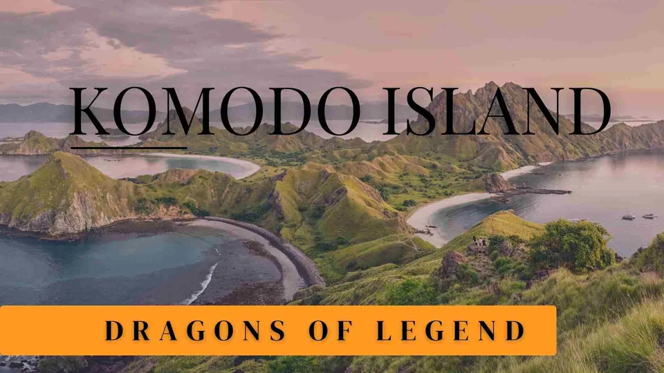 ภาพทิวทัศน์เกาะที่มีเนินเขาเขียวขจีและอ่าวทะเล มีข้อความ "KOMODO ISLAND" และ "DRAGONS OF LEGEND" ปรากฏบนภาพ