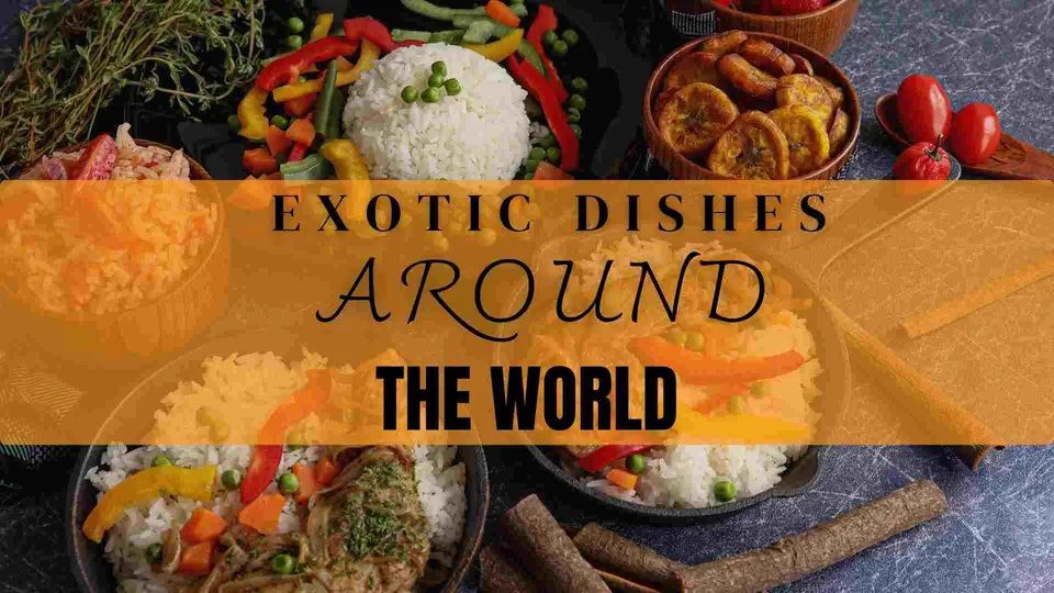 ภาพอาหารหลากหลายชนิดบนโต๊ะ มีข้าว ผัก และเนื้อสัตว์ พร้อมข้อความ 'EXOTIC DISHES AROUND THE WORLD' อยู่ตรงกลาง